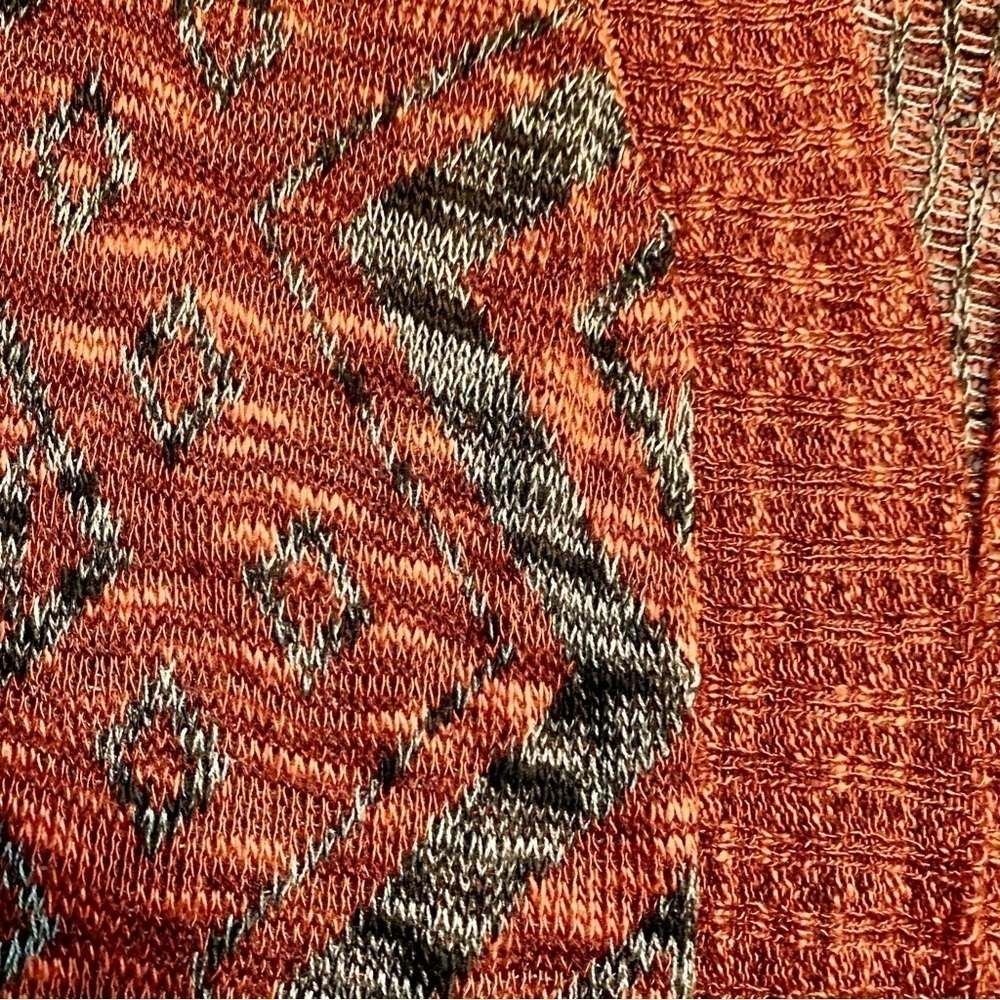 Cato Cardigan Small Open Duster Burgundy Grey Geometric Pattern Ribbed Trim - Picture 12 of 15